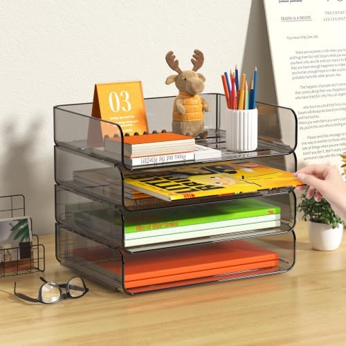 FANXIYQ 4-Tier Acrylic Paper Tray Organizer Brown Stackable Paper Organizer - Image 6