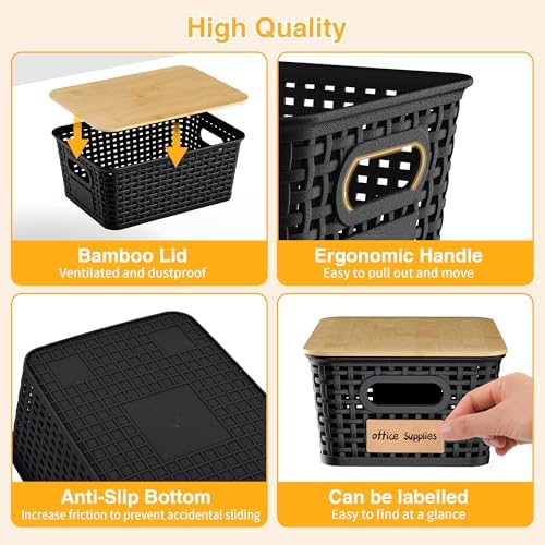 6 Pack Plastic Storage Baskets, Black bamboo lid storage Box - Image 6