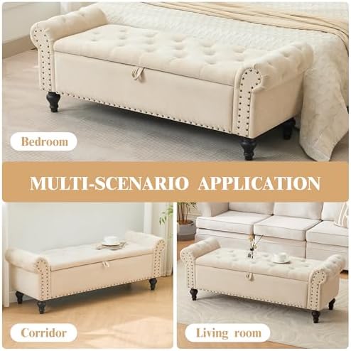 55" Storage Bench for Bedroom, Upholstered Ottoman Bench, Chenille Beige - Image 7
