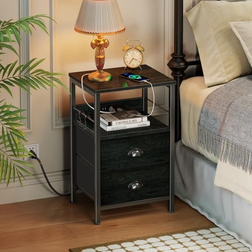 Furologee Nightstand with Charging Station for Bedroom, 2 Fabric Drawers - Image 6