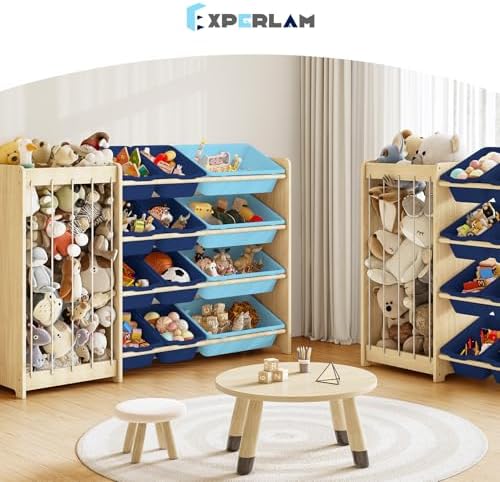 EXPERLAM Kids Toy Storage Organizer, 2-in-1 Stuffed Animal Storage & Toy Organizer w/12 Bins, Solid Wood Toy Rack Featuring Thicker Elastic Ropes, Playroom Nursery Bedroom Storage, Blue - Image 7