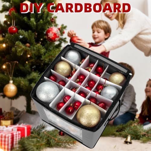 inin Christmas Ornament Storage Box with Adjustable Dividers,Christmas Ornaments Organizer with Zippered Top,Storage Container Bin for Holiday Decorations(64 Ball, Gray, Without Tray) - Image 7