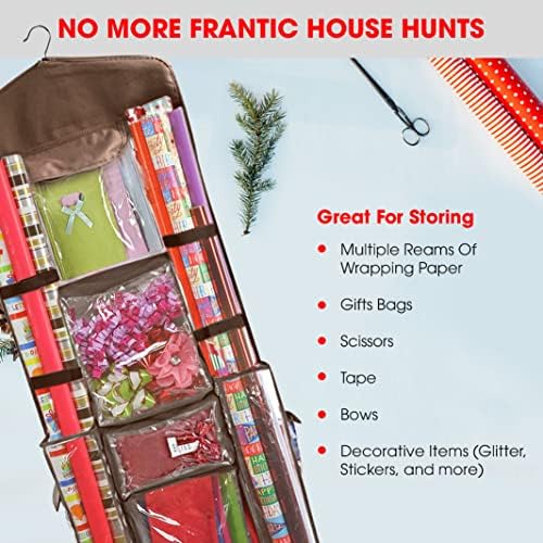 Hanging Gift Wrapping Paper Storage Organizer Bag, Double Sided Multiple Front & Back Pockets Organize Your Gift Wrap, Gift Bags Bows Ribbons 40"X17" Fits Long 40 Inch Rolls Clear PVC Bag (Brown) - Image 6