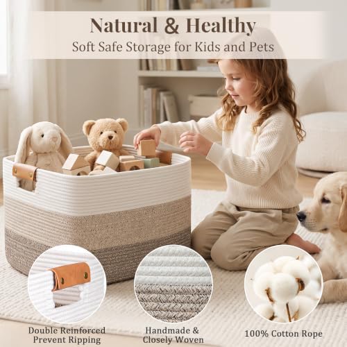 danpinera Blanket Basket, 72L Woven Storage basket with Leather Handle, Eco-friendly Decorative Storage Organization in Bathroom & Living Room for Towels 22 ''*17 ''*11.8 '', Gradient Brown - Image 6
