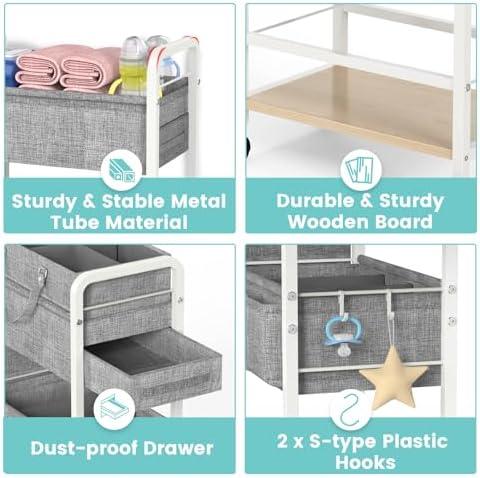 LIDTOP 2In1 Diaper Caddy & 4-Tier Rolling Diaper Cart, Diaper Caddy Organizer Cart with Dividers & Drawer, Mobile Metal Bedside Cart for Baby Nursery Essentials Storage, Large Capacity, White - Image 7
