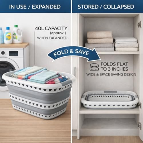 Laundry 360 Collapsible Laundry Basket 40L | Portable | Space Saver Storage | Hold 2 Loads | Store Under the Bed or Closet | Good for Kids | Dorm | Bedroom | Large | White/Grey - Image 7