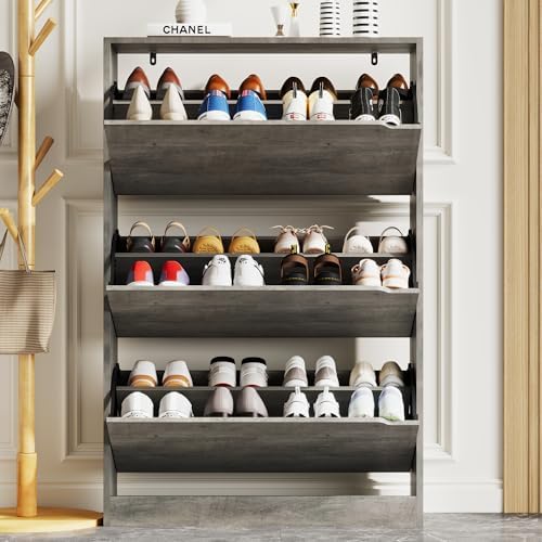 Xixini Shoe Storage Cabinet for Entryway with 3 Flip Drawers, Sturdy Wood Hidden Shoe Storage, Freestanding Narrow Slim Shoe Organizer for Front Door Entrance, Living Room, Hallway, Bedroom, Grey - Image 6