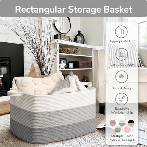 Goodpick Large Woven Rope Blanket Basket, Rectangle, Light Gray - Image 7