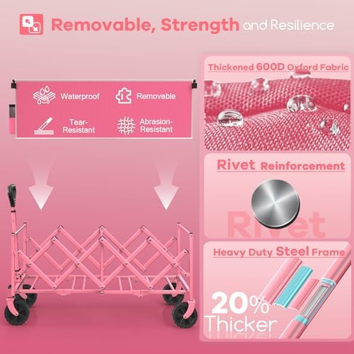 HIKEMOON 34'' Extra Long Folding Portable Wagon Cart, 120L 360LBS Pink - Image 7