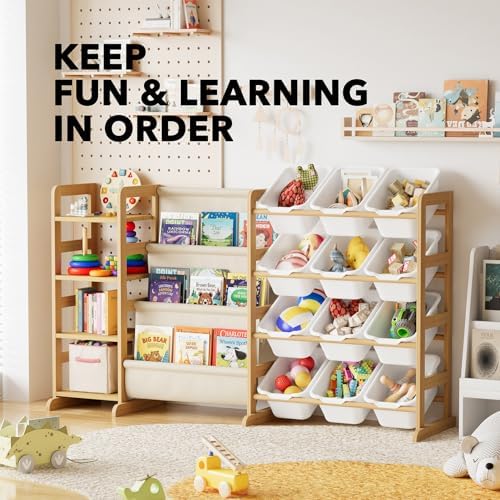 SpaceAid 3-in-1 Toy Storage Organizer with 4 Shelves and 12 Bins, Toy Organizers Storage 3-Tier Bookshelf, Kids Bin Shelf Box Bookcase for Bedroom Playroom Organization Room Decor, White - Image 5