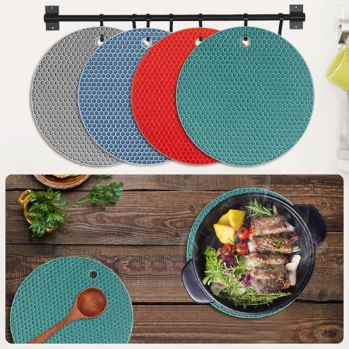 4 Pack Silicone Trivets for Hot Dishes, Dark Green Silicone Hot Pads Trivet for Hot Pots and Pans, 4 PCS Heat Resistant Silicone Mats Pot Holders for Kitchen Counter, Large Coasters & Jar Opener - Image 6