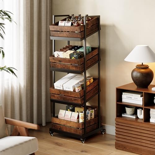 LITTLE TREE 4-Tier Basket Stand with Locked Wheels, Mobile Fruit and Vegetable Storage, Floor Stand Rack, Utility Shelf, for Kitchen, Living Room, Pantry (Rustic Brown, 2) - Image 6