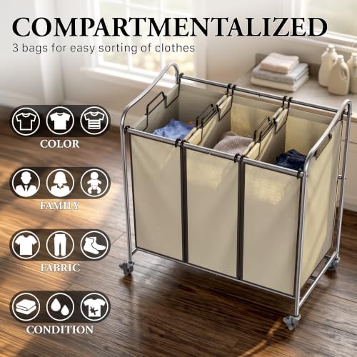 Simple Houseware Heavy Duty 3-Bag Laundry Sorter Rolling Cart, Chrome - Image 7