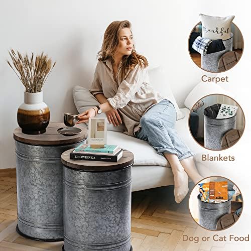 RUSTOWN Farmhouse Accent Side Table, Set of 2 Galvanized Storage Ottoman - Image 6