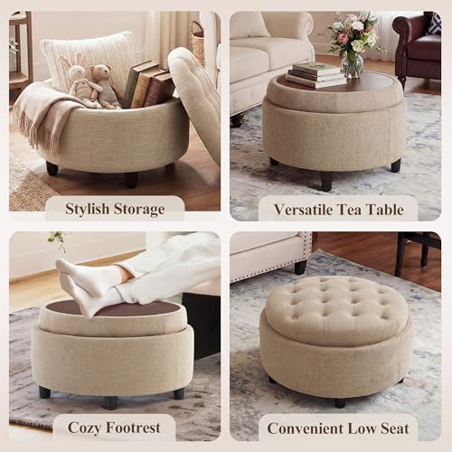 COLAMY Fabric Round Storage Ottoman with Reversible Tray Lid(Camel) - Image 7