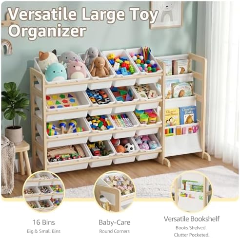 NUTIKAS Toy Storage Organizer with Bookshelf - Wooden 16 Bins Kids Toy Organizer Rack, Solid Pine Wood, Toys Box for Toddler, Playroom, Living Room, Bedroom, Nursery - Image 7