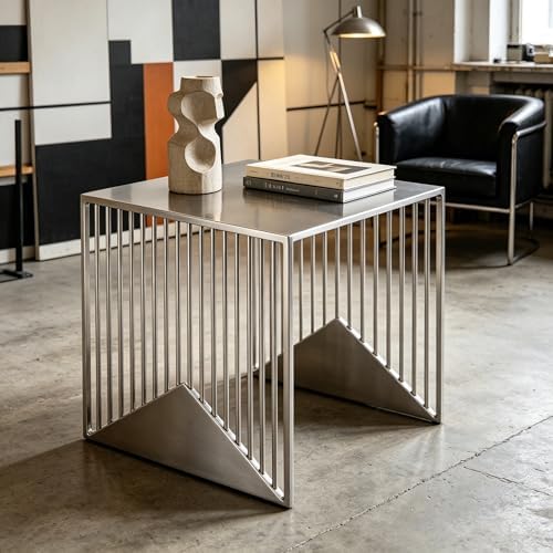 Stainless Steel Side Table - Geometric Vertical Slat Metal End Table, Modern Industrial Square Accent Table for Living Room, Bedroom, Small Spaces - Sturdy Nightstand, Easy to Clean - Image 7