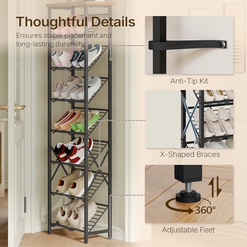 YATINEY 8-Tier Tall Shoes Rack, Slim Shoe Organizer for Entryway, Large-Capacity Thin Shoe Rack for Closet, Narrow Shoe Storage Shelf Holds 8-16 Pairs, Space Saving, Black and Rustic Brown SS18BR - Image 6