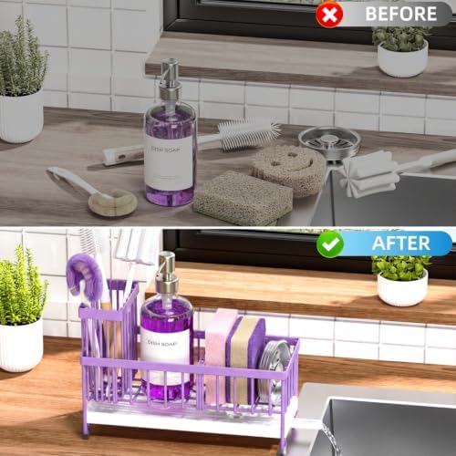 Cisily Sponge Holder for Kitchen Sink, Sink Caddy Organizer with High Brush Holder, Kitchen Countertop Organizers and Storage Essentials (Purple, 9.25″) - Image 6