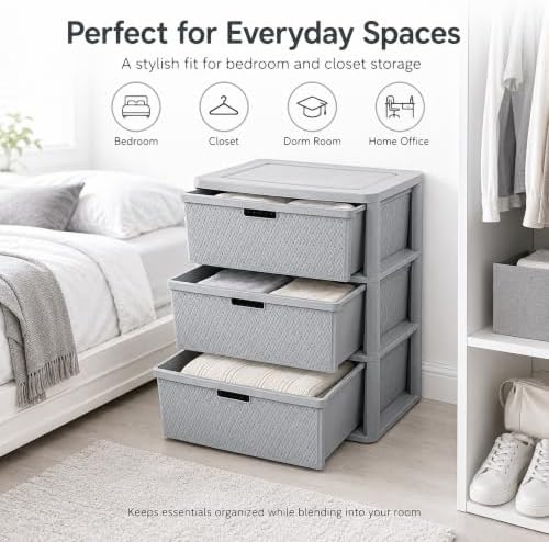 Wide 3-Drawer Plastic Storage Tower, Cross-Weave Floor Cabinet, Gray - Image 6
