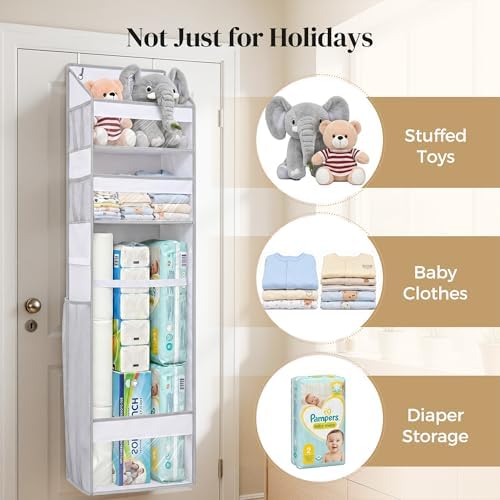 Wrapping Paper Storage Organizer – Over The Door Hanging Gift Wrap Holder for 15-30" Rolls, Space Saving Closet Organizer for Christmas, Halloween, Birthday with Side Mesh Pockets White - Image 7