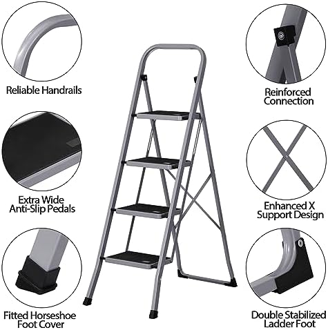 ZENY 4 Step Ladder Folding Step Stool with Wide Anti-Slip Pedal, Convenient Handgrip, Portable Steel Step Stool, 330 lbs Sturdy Steel Ladder for Household and Office, Gray - Image 7