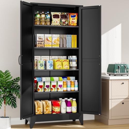 SISESOL 75" Tall Pantry Cabinet,Farmhouse Kitchen Pantry Storage Cabinets with 2 Doors and 4 Shelves,Black Metal Storage Cabinet,Large Cupboard for Home,Kitchen,Dining/Living Room - Image 6