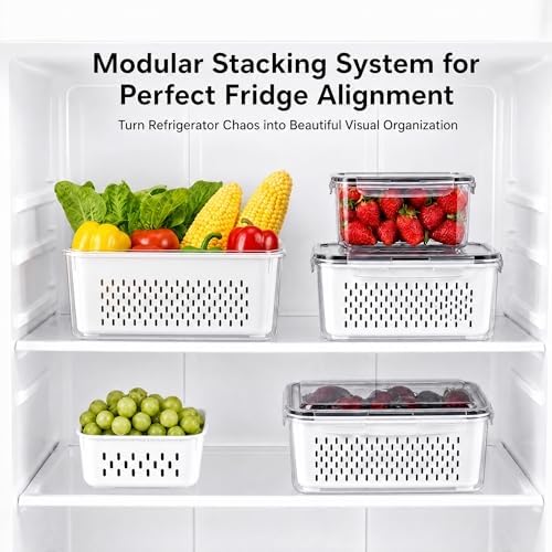 Fruit Storage Containers for Fridge with Lids, Fridge Organizers and Storage Produce Saver Box with Removable Drain Basket for Fruit Berry Salad Vegetable Meat, 380ml to 3150ml (4 Pack) - Image 7