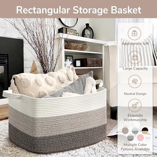 Goodpick Large Woven Rope Blanket Basket, Rectangle, White Brown - Image 7
