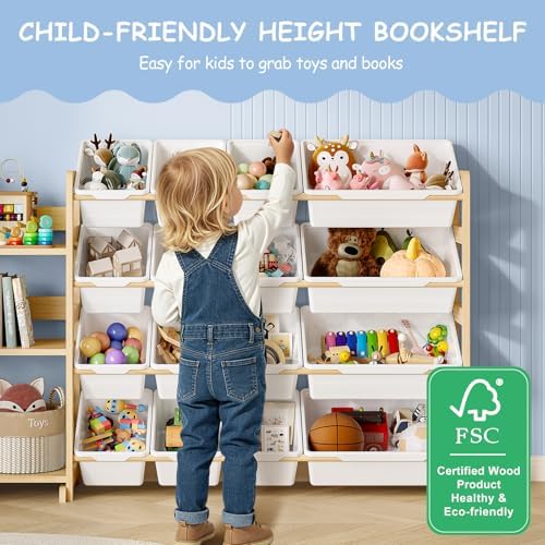 EXPERLAM Toy Storage Organizer, Toy Storage Shelf with 3 Shelves and 16 Storage Bins (12 Small + 4 Large), 3-in-1 Kids Bookshelf for Kids Rooms, Playroom, Nursery, White - Image 6
