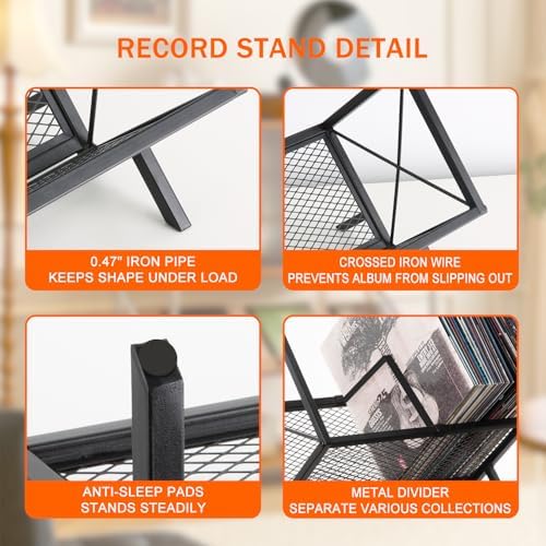 YINMIT Vinyl Record Storage Holder - 80-100 LP Vinyl Organizer, Metal Record Display Rack, Quick Assembly Album Storage for Books, Black - Image 7