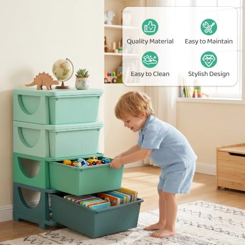 Qaba 4 Drawers Kids Storage Unit 4 Tier Toy Organizers Green - Image 7