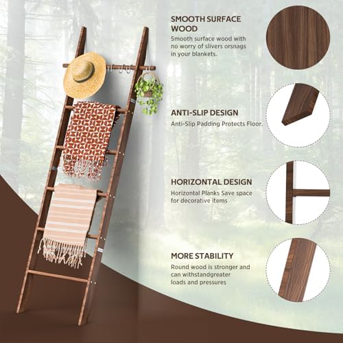 Farmhouse Wooden Blanket Ladder with Removable Hooks Brown 6-Tier - Image 6