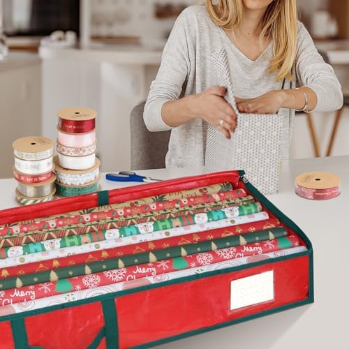 BALEINE Soft Christmas Wrapping Paper Storage Bag, 40" Durable PE Gift Wrap Storage Bag with Flexible Partitions and Pockets for Ribbon, Accessories (Red) - Image 6