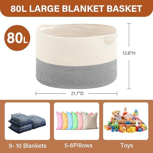 Foldable Laundry Hamper Basket with Collapsible Handle Cotton Rope Soft Woven Fabric Storage Organizer Clothes Toys Nursery Bedroom Dorm Space Saving Bin (White & Light Grey, 80L(21.7"D x 13.8"H)) - Image 6
