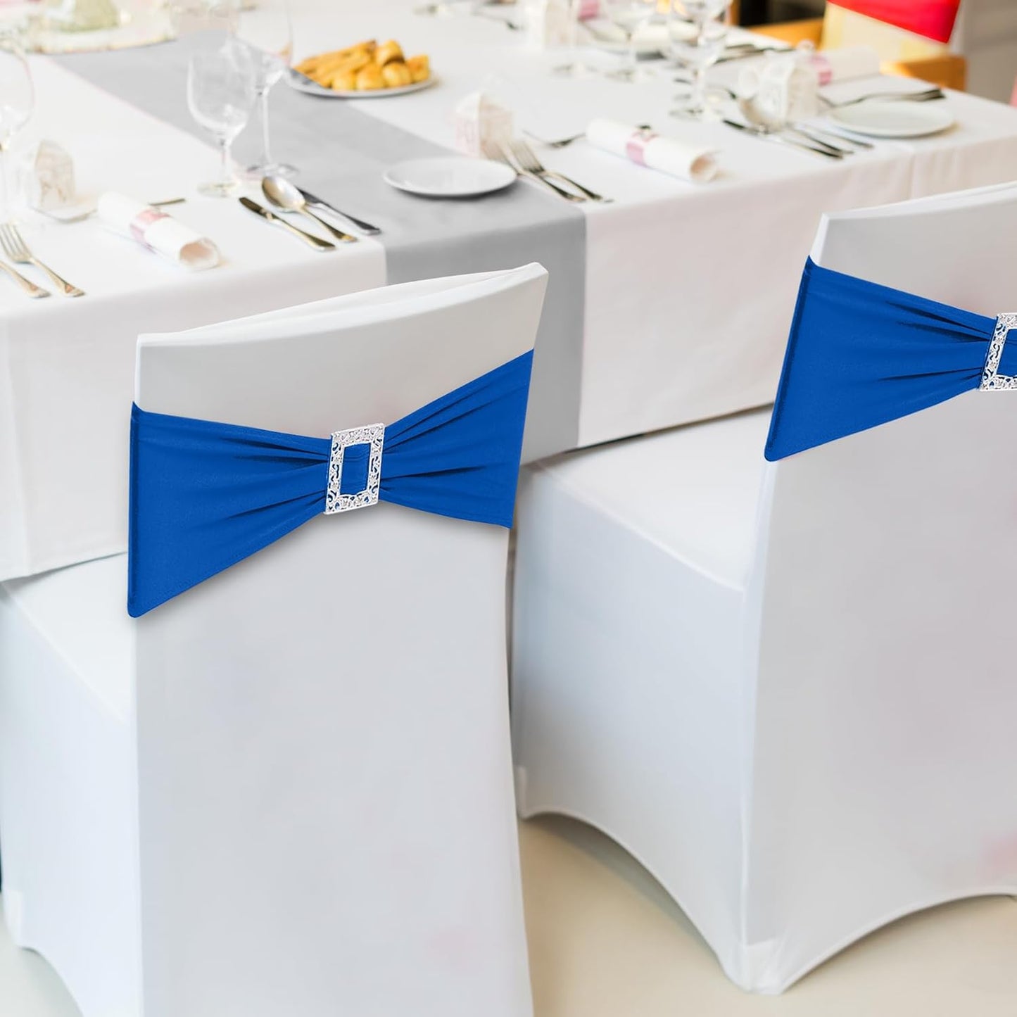Joccun 120 PCS Spandex Chair Sashes Bows Stretch Chair Cover Band with Buckle Slider Universal Elastic Chair Ties for Wedding Banquet Party Event Decoration (Royal Blue)