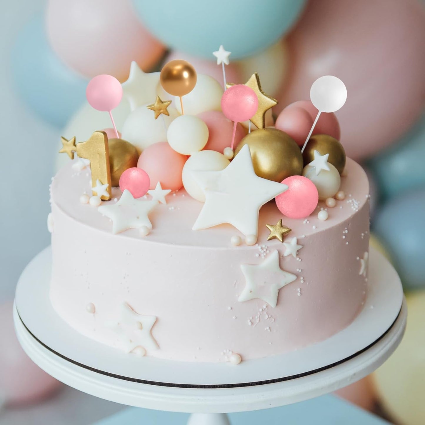ASTARON 32 Pcs Ball Cake Topper Decorations Mini Balloons Cake Topper Sticks Foam Balls Cake Picks Cake Topper Balls Cake Decorations for Wedding Party Birthday Cake Decorations (Rose gold,Pink)