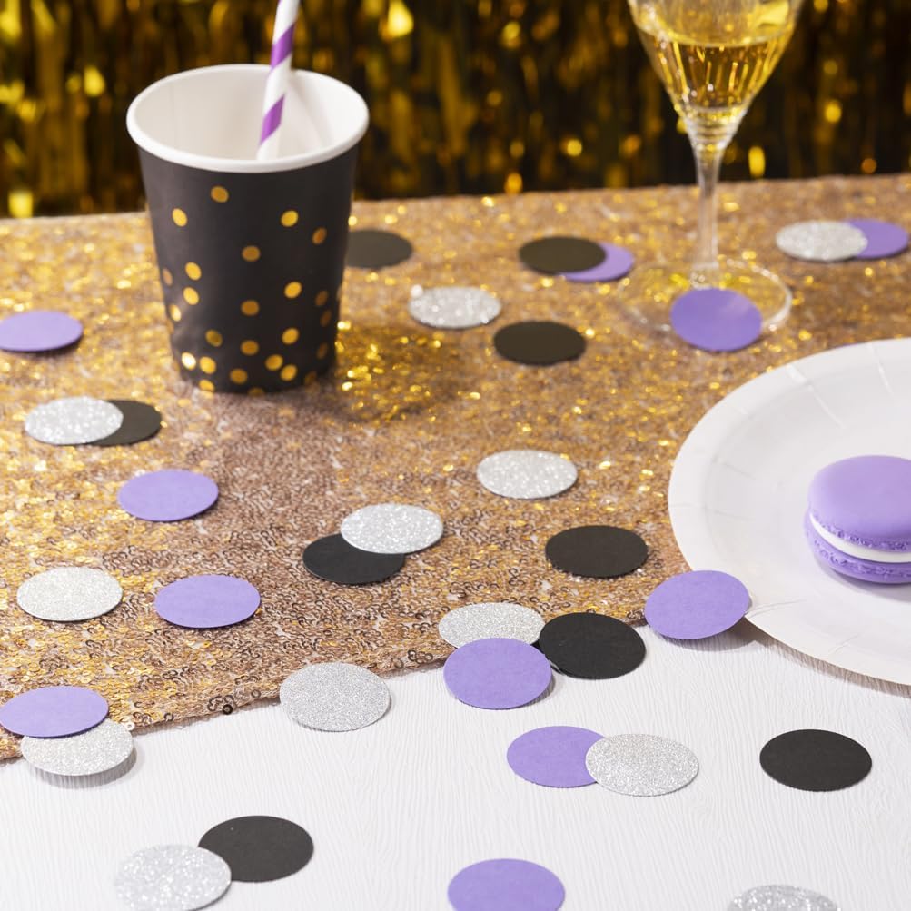 Purple Black and Silver Confetti Table Decoration for Birthday Retirement Halloween Graduation Horror Theme Party,1.2 inch in Diameter,200 Counts