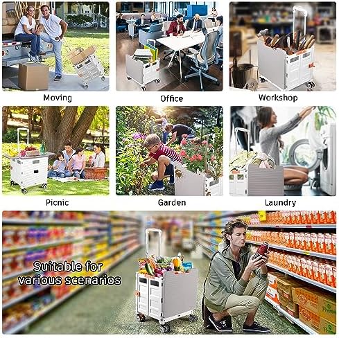 Foldable Utility Cart Collapsible Portable Crate Rolling Carts with Wheels Tote Basket with Magnetic Lid Telescopic Cover Wear-Resistant 360°Rotate Wheel Noiseless for Shopping Storage Office Use - Image 7