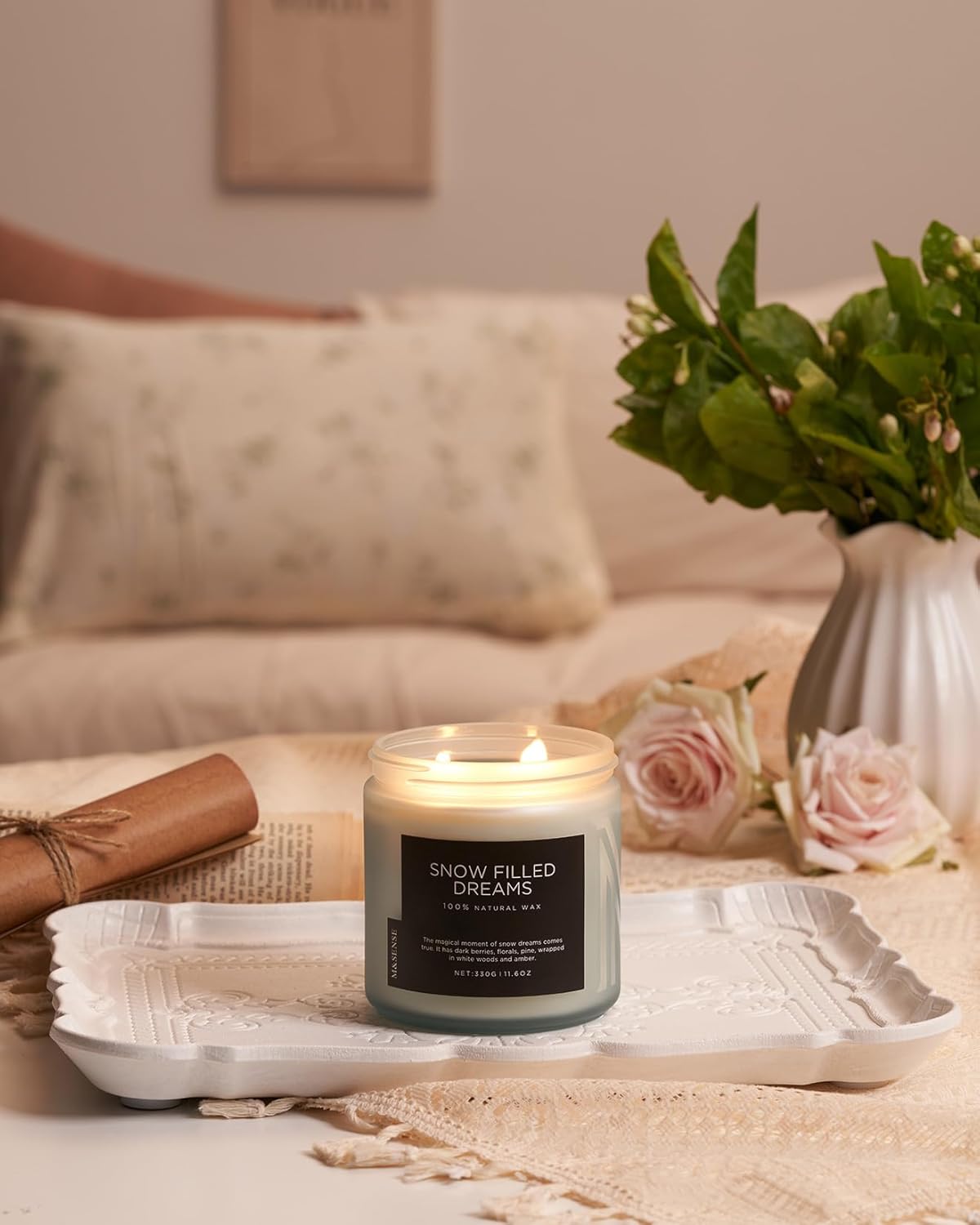 M&SENSE Snow Filled Dreams - Jasmine & Pine Scented Candle, 11.6oz Natural Soy Wax 70 Hours Long Lasting 2 Cotton Wick Aromatherapy Gifts for Home Decor, Winter Candle for Men and Women