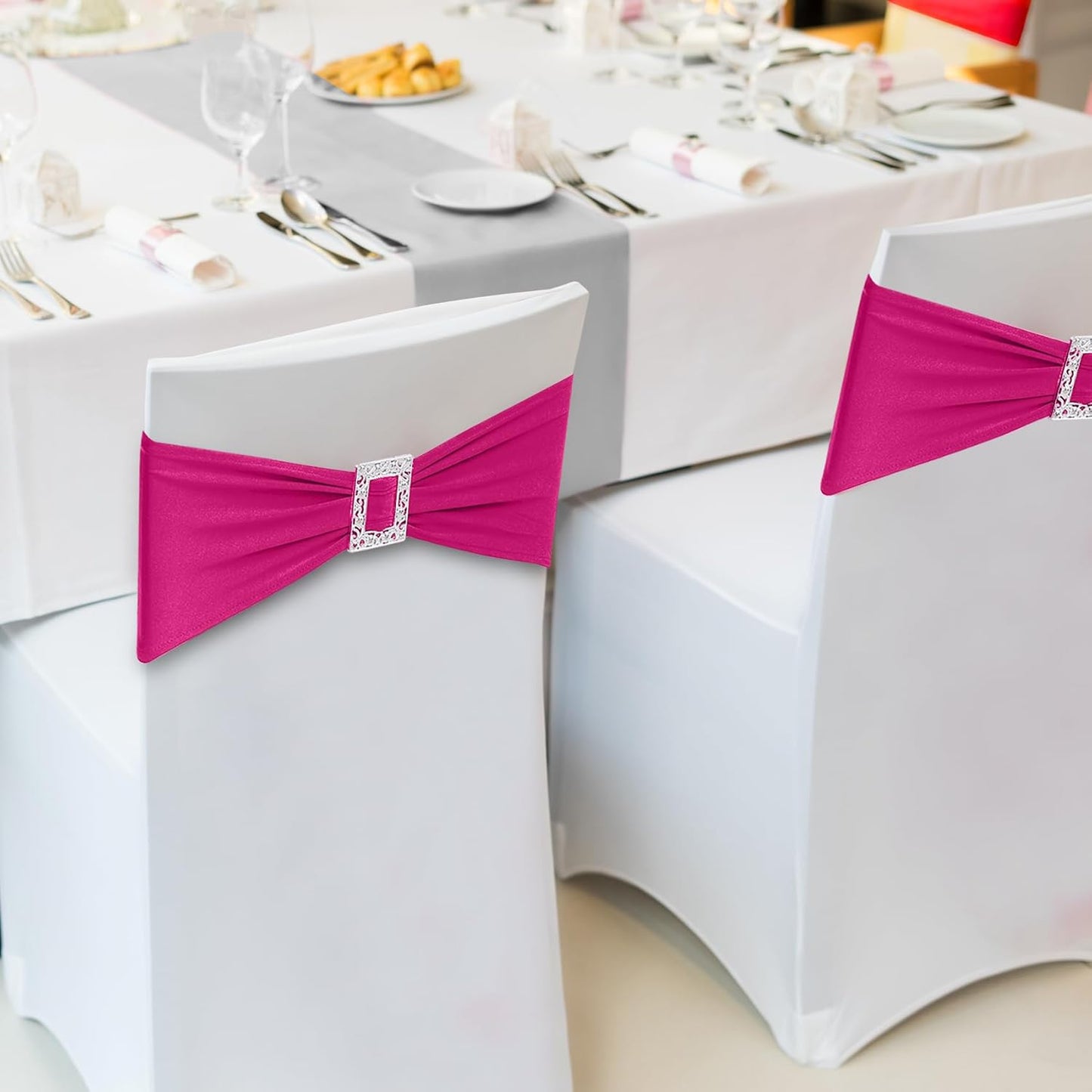 Joccun 120 PCS Spandex Chair Sashes Bows Stretch Chair Cover Band with Buckle Slider Universal Elastic Chair Ties for Wedding Banquet Party Event Decoration (Fuchsia)