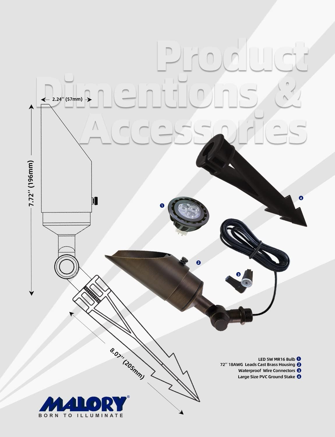 MALORY Brass Landscape Spotlight 10-Pack with MR16 Bulb Kit(S04), Low Voltage 12V AC/DC Shroud Adjustable Outside Yard Lights,PVC Ground Stake and Wire Connector Included, 5W 2700K Warm White
