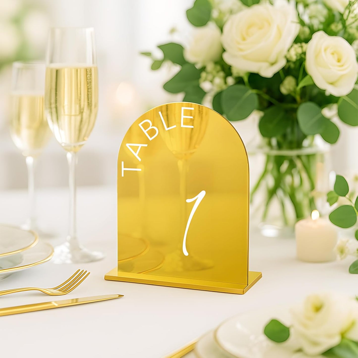 Gold Wedding Table Numbers 1-15 w/Stands: Gold Mirror Arch 5x7 Acrylic Display Signs and Holders - Perfect for Wedding Receptions, Party, Anniversaries, and Events