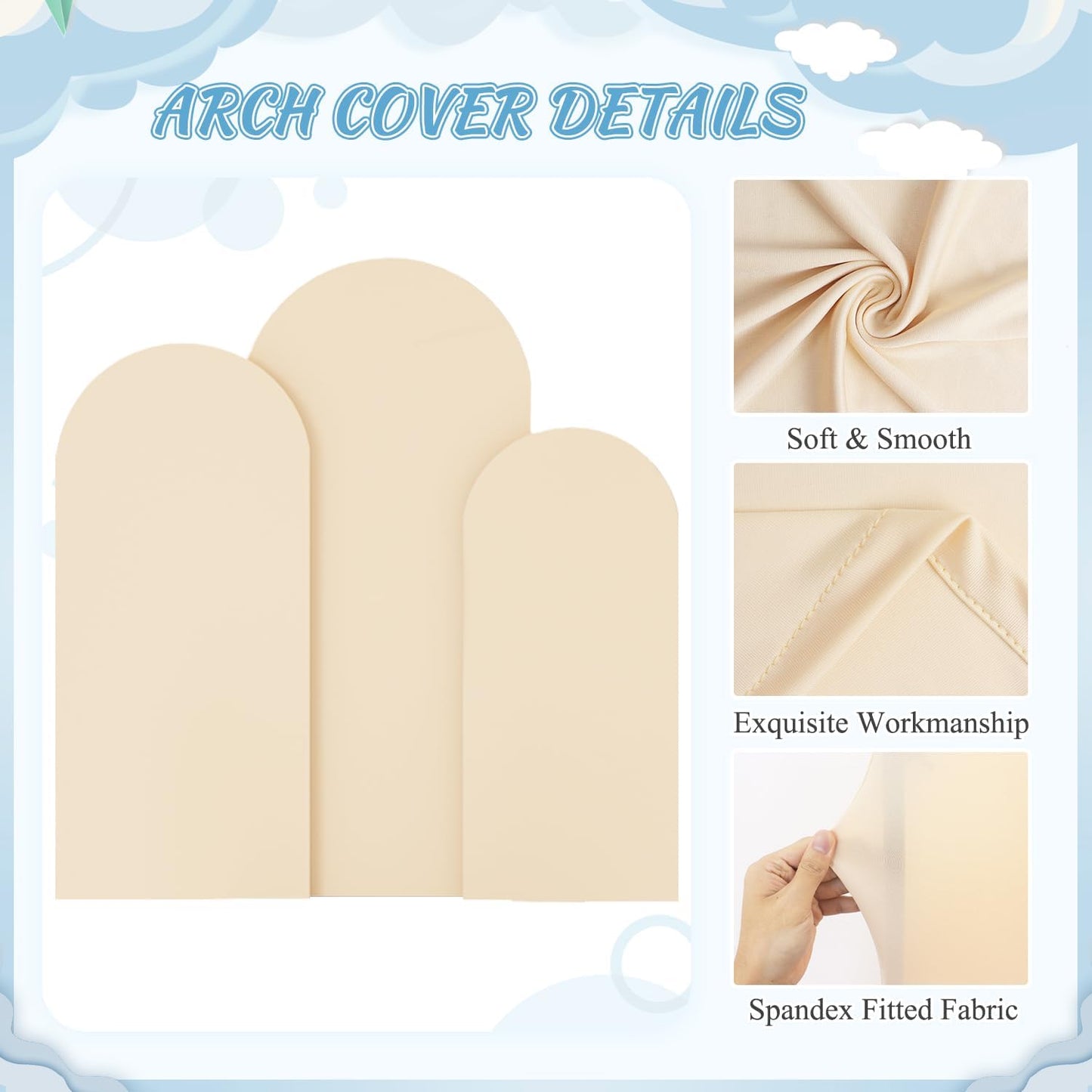 FOTSHARER Metal Wedding Arch Stand and Cover Set of 3 Gold Balloon Arch Backdrop Stand 6FT, 5FT, 4FT Beige Spandex Arch Covers Stretchy Backdrop for Gender Reveal Baby Shower Birthday Party Decoration