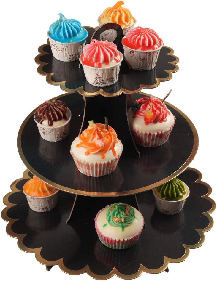 3-Tier Cupcake Stand, Lace Trim Cake Stand Holder, Tiered DIY Cupcake Stand Tower for Dessert Table Displays, Birthday Theme Party Favors Decoration, Floral Tea Party, 12" W x 12.8" H, Black