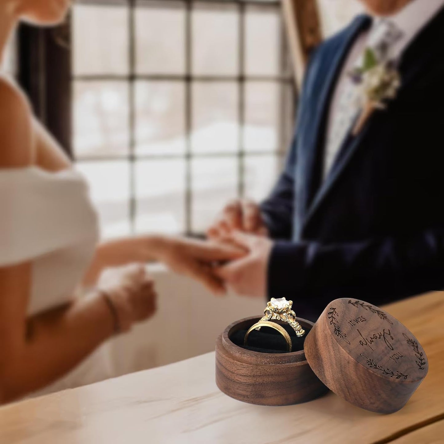 Ring Box, Wooden Ring Box for Wedding Ceremony Ring Bearer Box, Engagement Ring Holder Gift for Anniversaries day, Birthday Gift (it was always you)