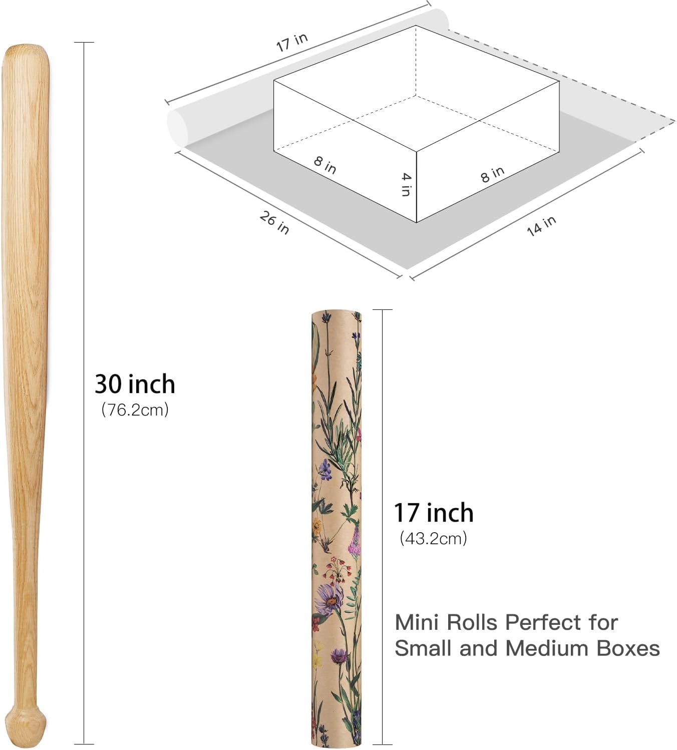 RUSPEPA Wildflower Floral Wrapping Paper Roll for Women, 17 Inches x 16. 4 Feet, Mini Roll, Herbal Kraft Wrapping Paper for Christian Gifts, Birthdays, Weddings, Bridal Shower and Engagement