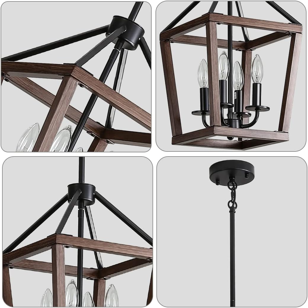 Farmhouse orb Metal Chandelier,4-Light Vintage Handmade Rustic Wood Pendant Hanging Light Fixture for Kitchen Island Dining Room Living Room Bedroom Foyer Hallway