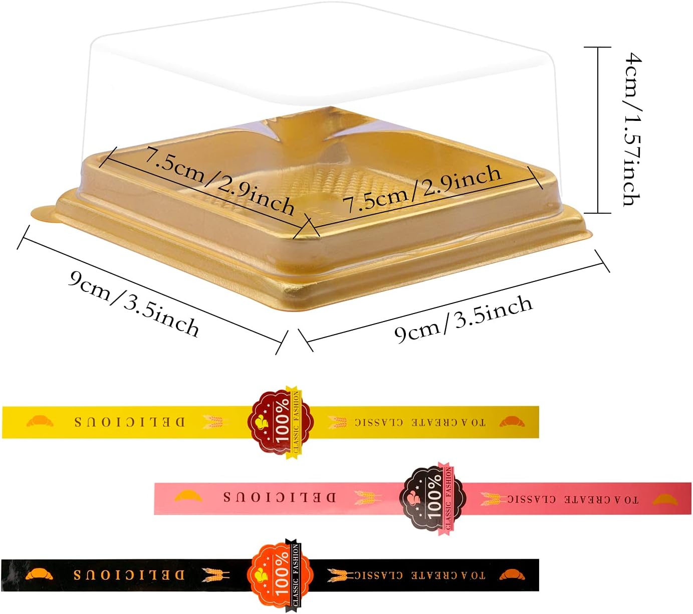 50 Pcs 3.5 Inch Mini Cake Box, Clear Plastic Cupcake Container for Muffins, Cookies, Mooncakes - Small Single Dessert Holder for Wedding, Birthday - Bonus 50 Pcs Gold Stickers