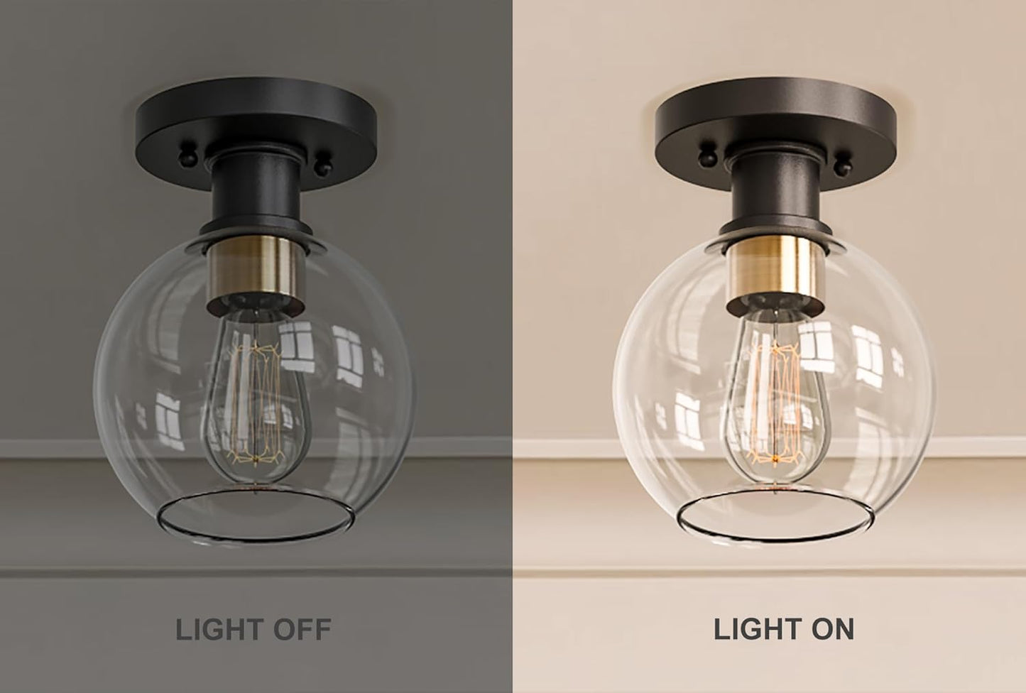 Dan Modern Farmhouse 1-Light Flush Mount Ceiling Light Clear Glass Globe Black Gold Finish for Hallway, Entryway, Passway, Bedroom, Garage, Kitchen, Balcony